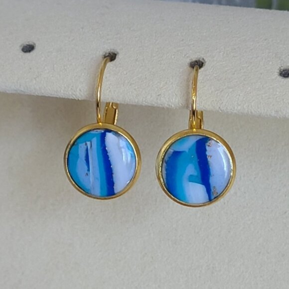 Hand Crafted Boho Gold Blue White Gemstone Marble Circle Drop Dangle Earrings - Picture 2 of 14